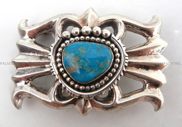 Navajo small sandcast sterling silver and turquoise belt buckle by Bennett and Dreama Yazzie