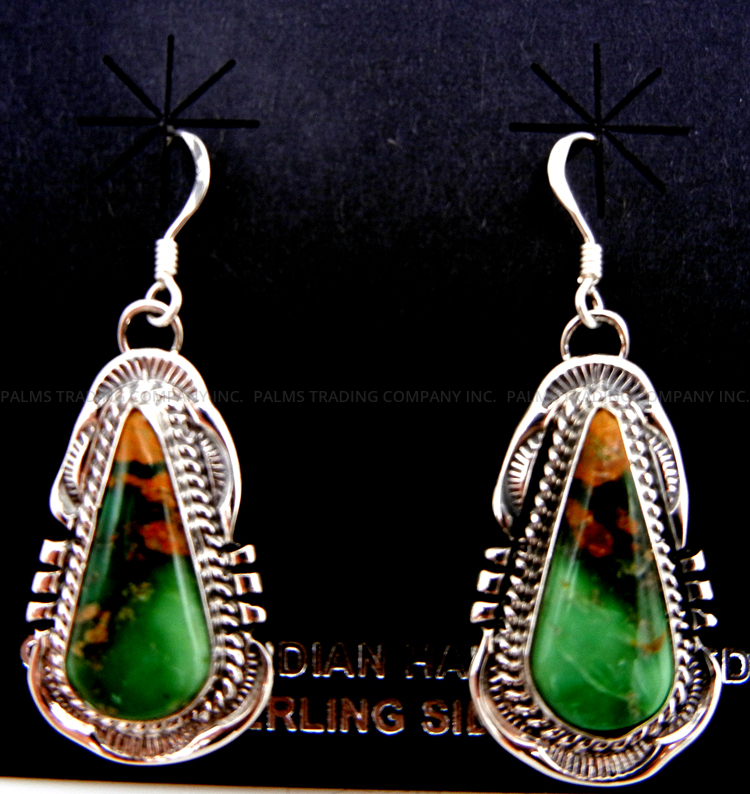 Navajo green turquoise and sterling silver tear drop dangle earrings by Will Denetdale