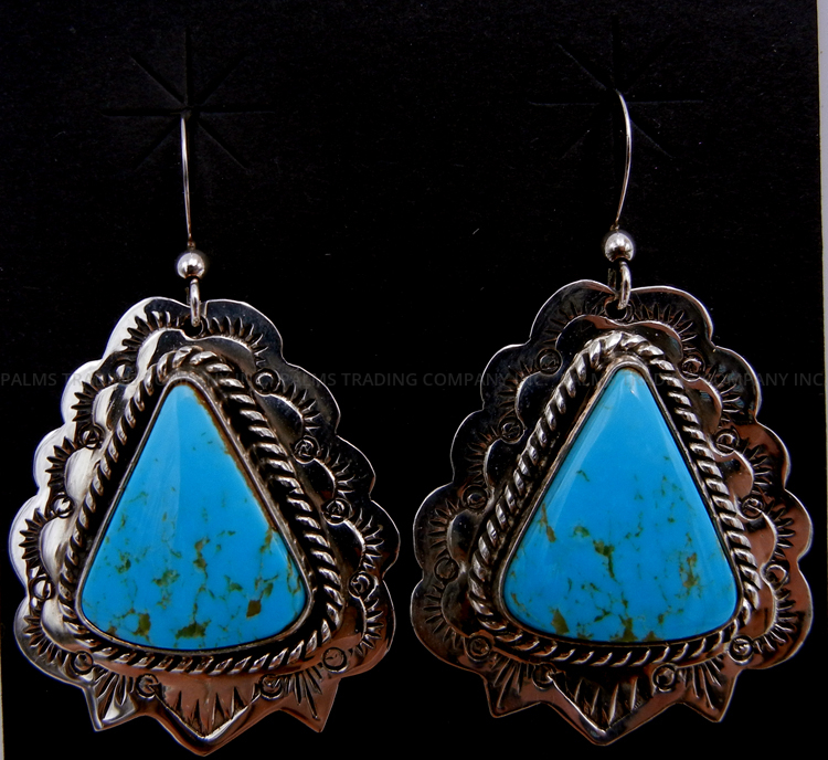 Navajo triangular turquoise and sterling silver dangle earrings by Leonard Platero, Jr. and Racquel Hurley