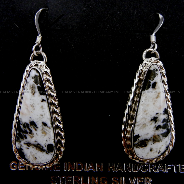 Navajo white buffalo and sterling silver tear drop dangle earrings