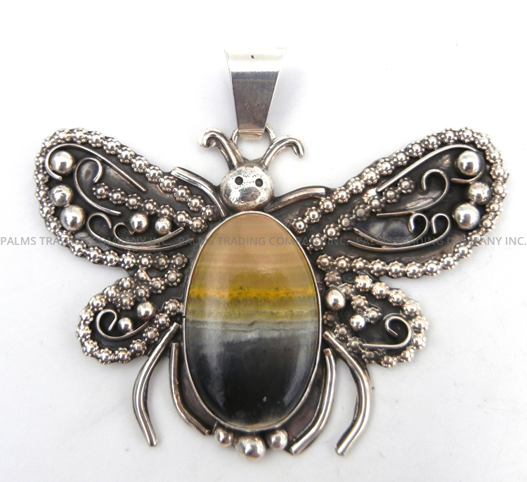 Navajo large bumblebee jasper and sterling silver butterfly pendant by Miranda Willie