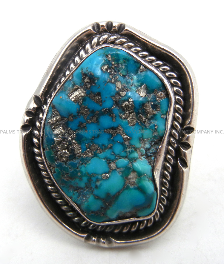 Navajo vintage turquoise and sterling silver ring with pyrite