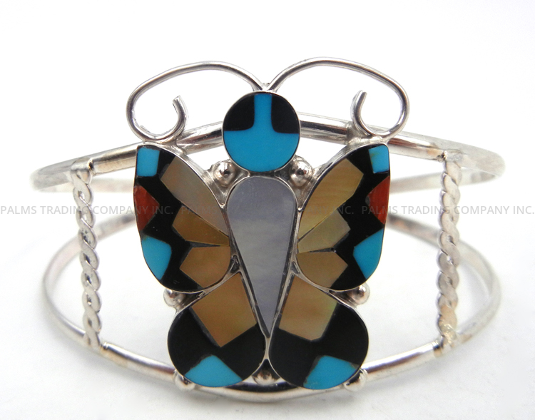 Zuni multi-stone inlay and sterling silver butterfly cuff bracelet by Allison Dishta