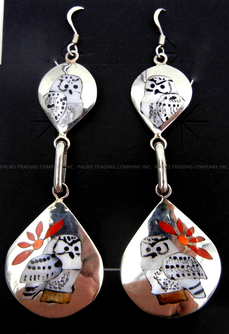 Zuni multi-stone inlay and sterling silver double owl dangle earrings by Quintin Quam