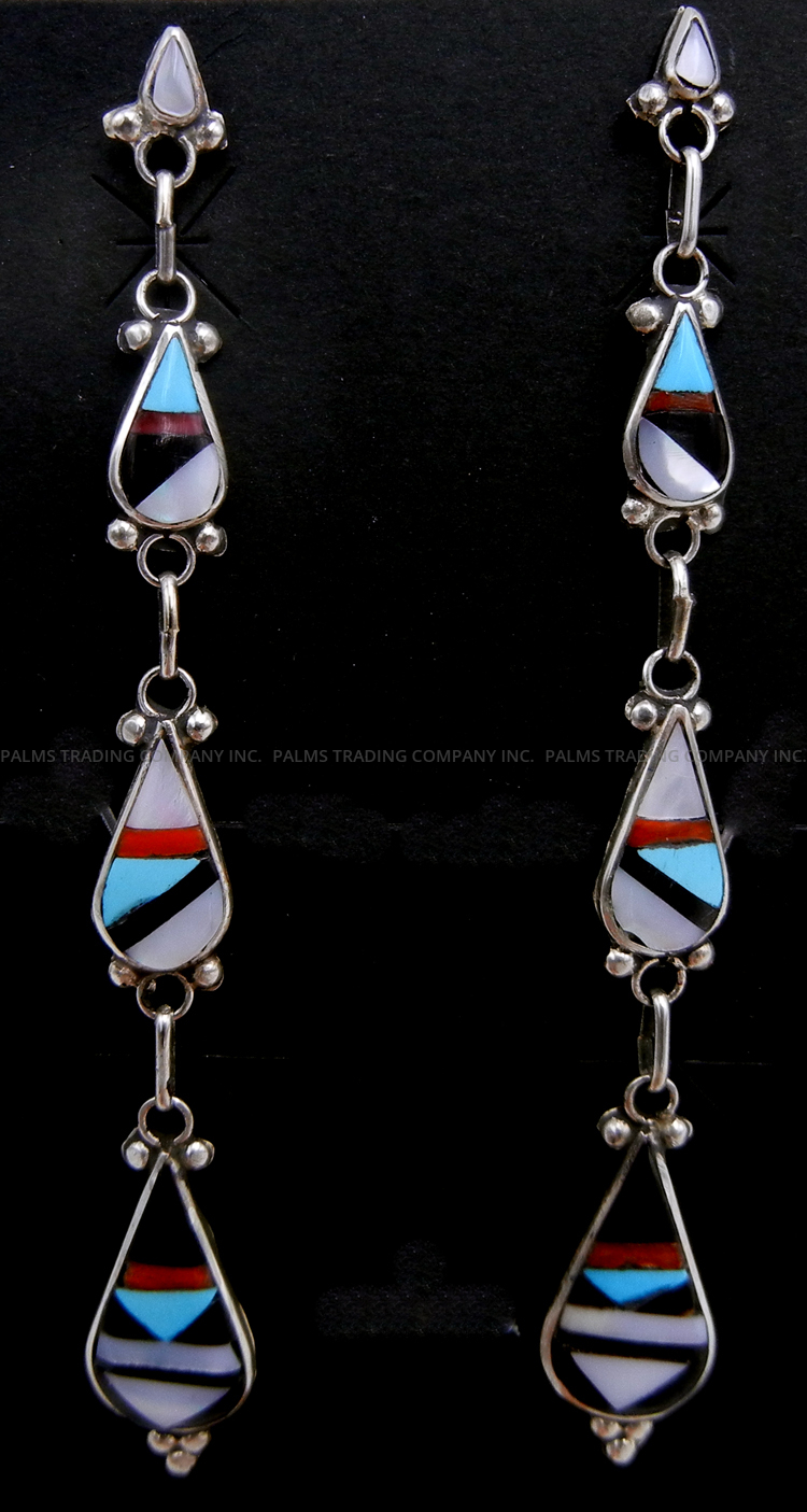 Zuni multi-stone inlay and sterling silver triple tear drop post dangle earrings
