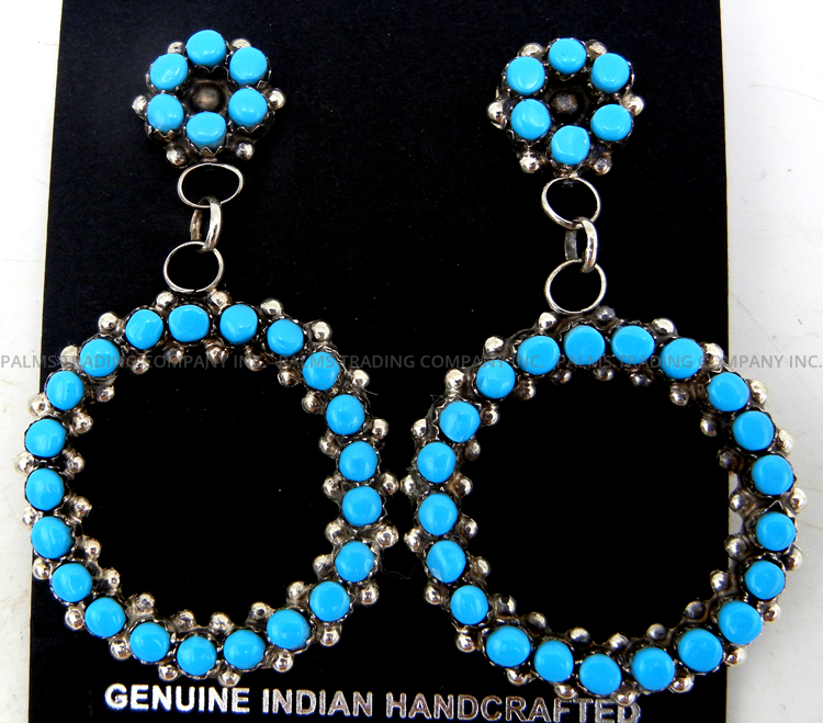 Zuni turquoise petit point and sterling silver circular cut out post dangle earrings