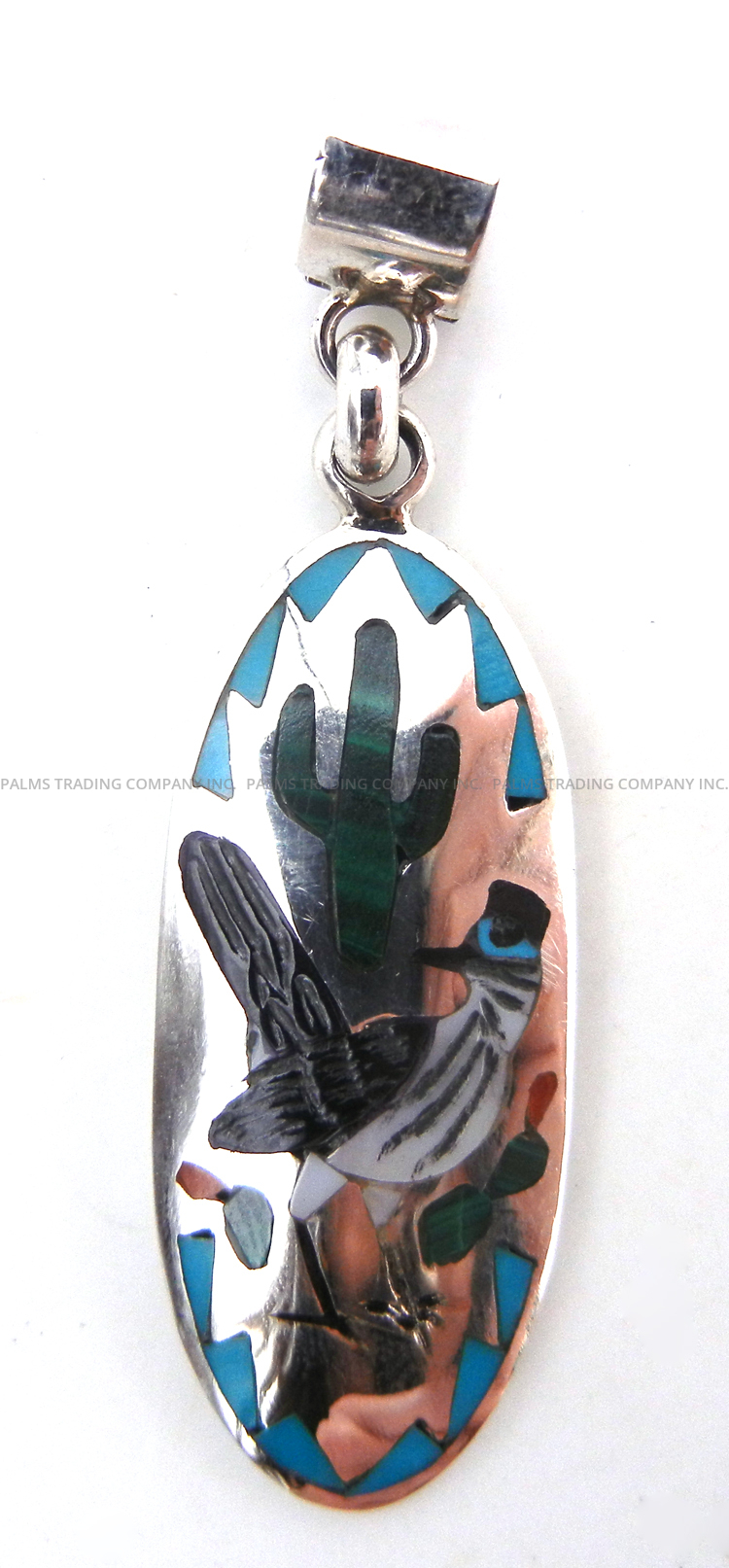 Zuni multi-stone inlay and sterling silver roadrunner and cactus pendant by Quintin Quam