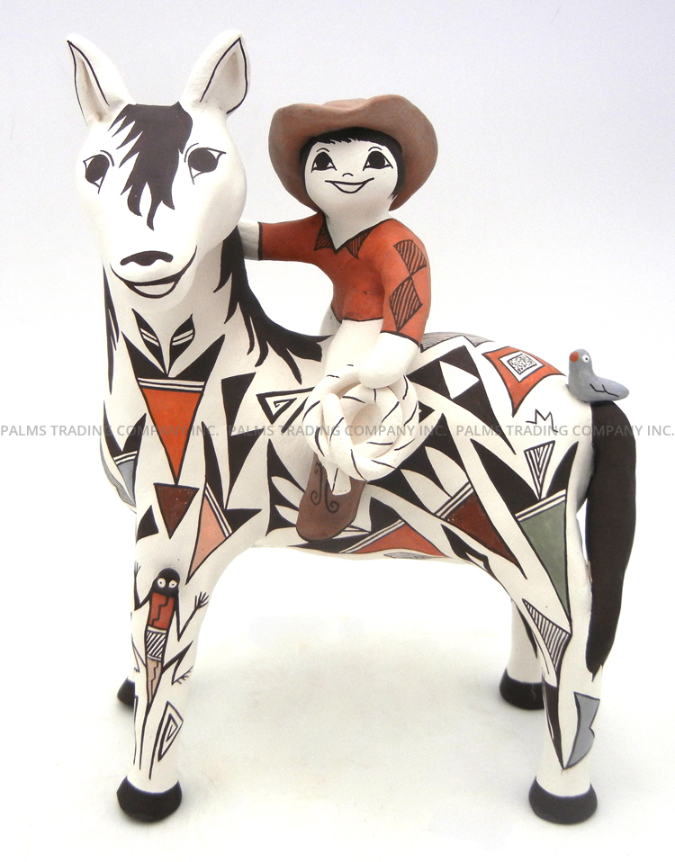 Acoma handmade and hand painted polychrome horse and cowboy figurine by Judy Lewis