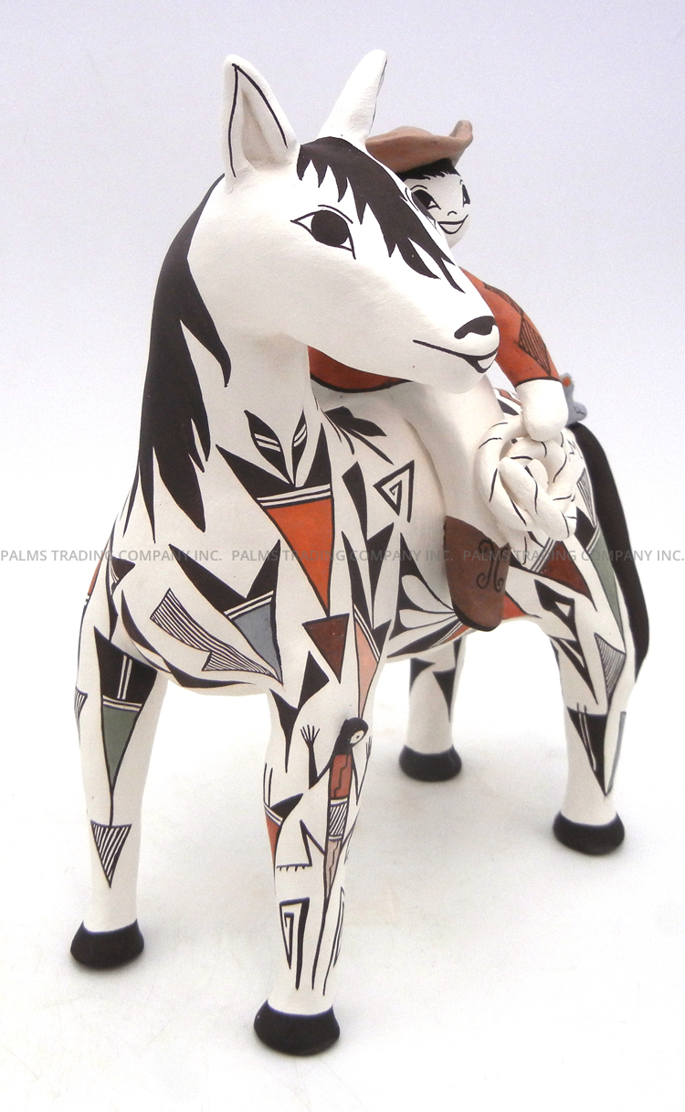 Acoma Judy Lewis Handmade and Hand Painted Polychrome Horse and Cowboy Figurine - Image 3