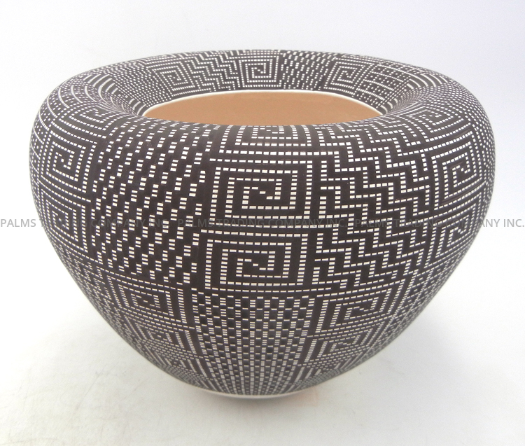 Acoma handmade and hand painted black and white geometric pattern infinity rim jar by Frederica Antonio