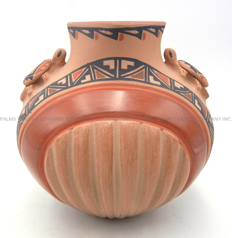 Jemez handmade, painted and polished melon style jar with turtles and square rim by Bertha Gachupin