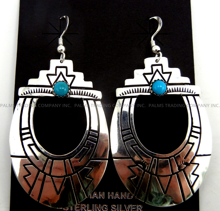 Navajo sterling silver overlay and turquoise cut out dangle earrings by Rosita Singer