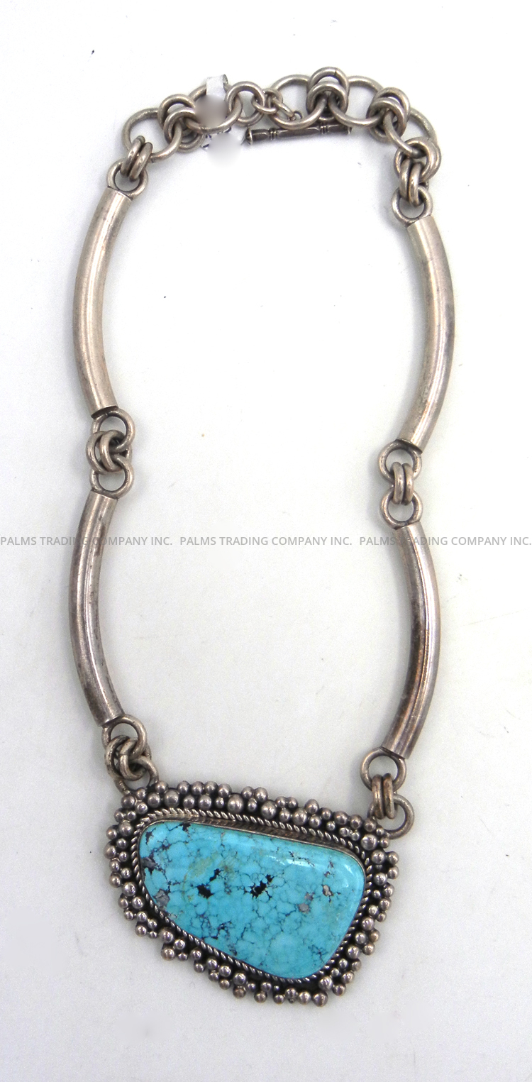 Navajo turquoise and sterling silver necklace with handmade tube chain by Paul Livingston