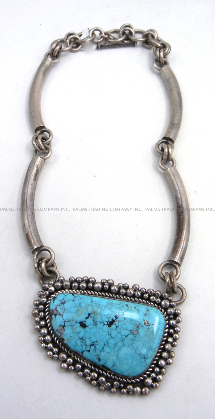 Navajo Paul Livingston Turquoise and Sterling Silver Necklace with Handmade Sterling Tube Chain - Image 3