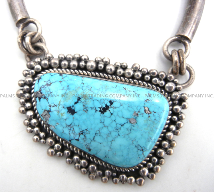 Navajo Paul Livingston Turquoise and Sterling Silver Necklace with Handmade Sterling Tube Chain - Image 4