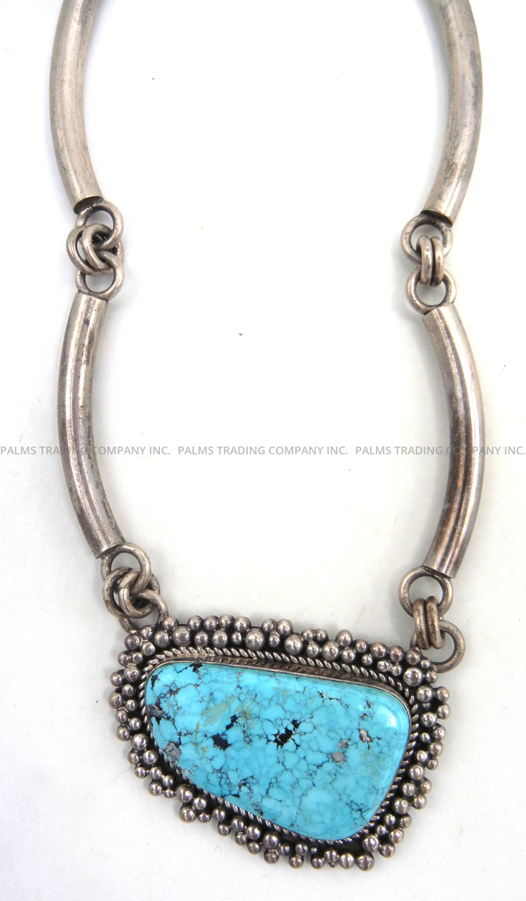 Navajo Paul Livingston Turquoise and Sterling Silver Necklace with Handmade Sterling Tube Chain - Image 5