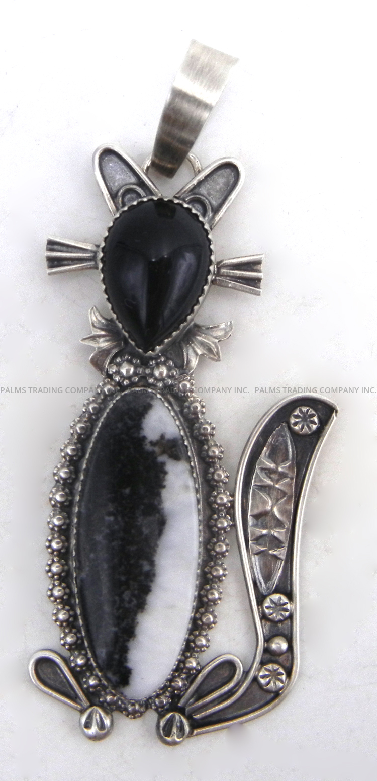 Navajo white buffalo, onyx and sterling silver cat pendant by Mary Tso