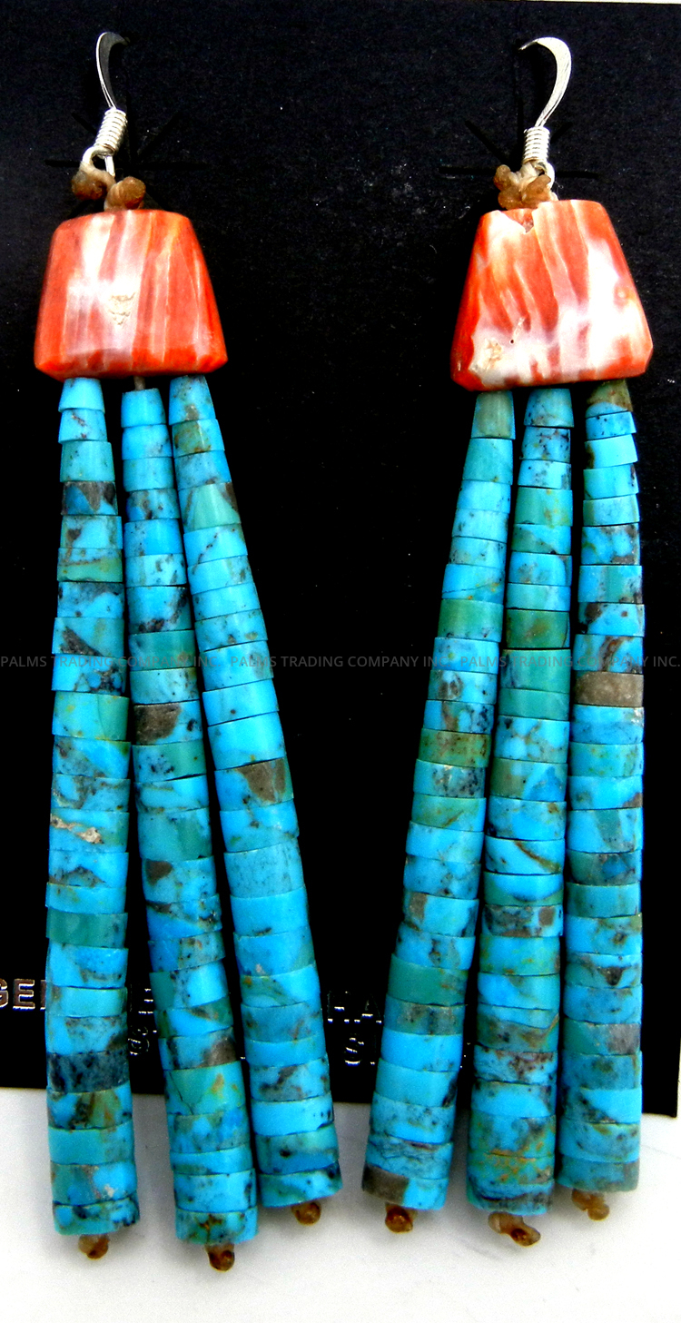 Santo Domingo turquoise heishi and red spiny oyster shell dangle earrings by Lupe Lovato