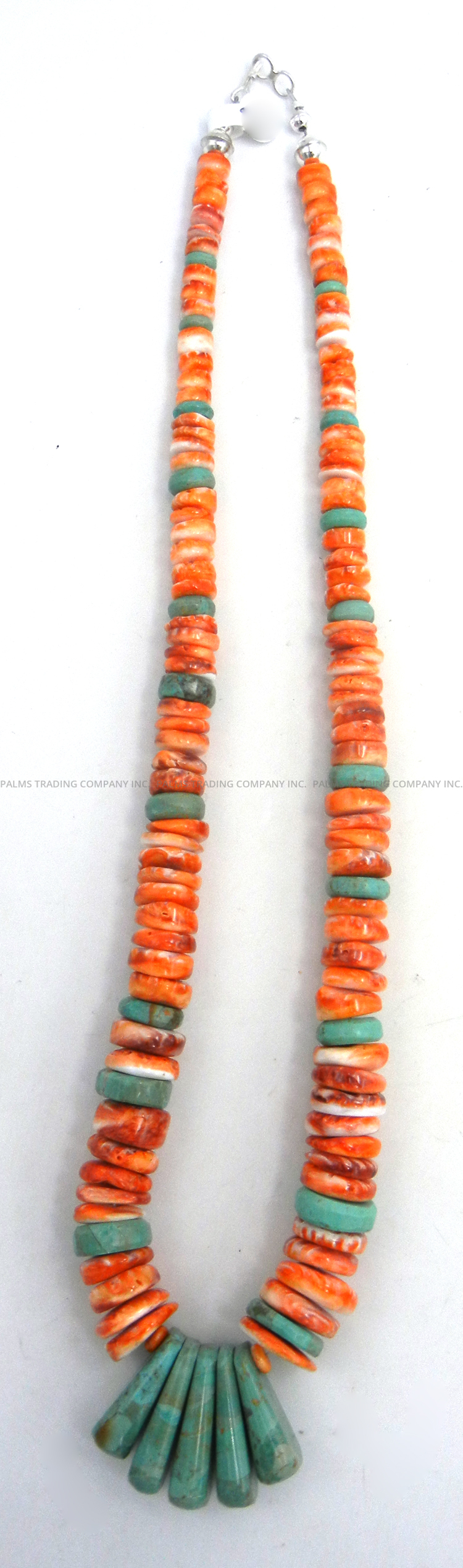 Santo Domingo orange spiny oyster and turquoise heishi necklace by Lupe Lovato