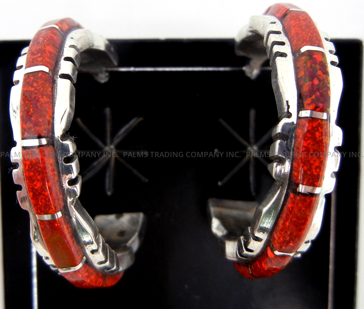 Zuni red lab opal and sterling silver channel inlay hoop earrings by Sheldon Lalio