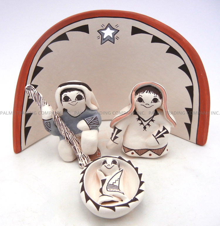 Acoma handmade and hand painted four piece nativity scene with backdrop, Jesus, Mary and Joseph
