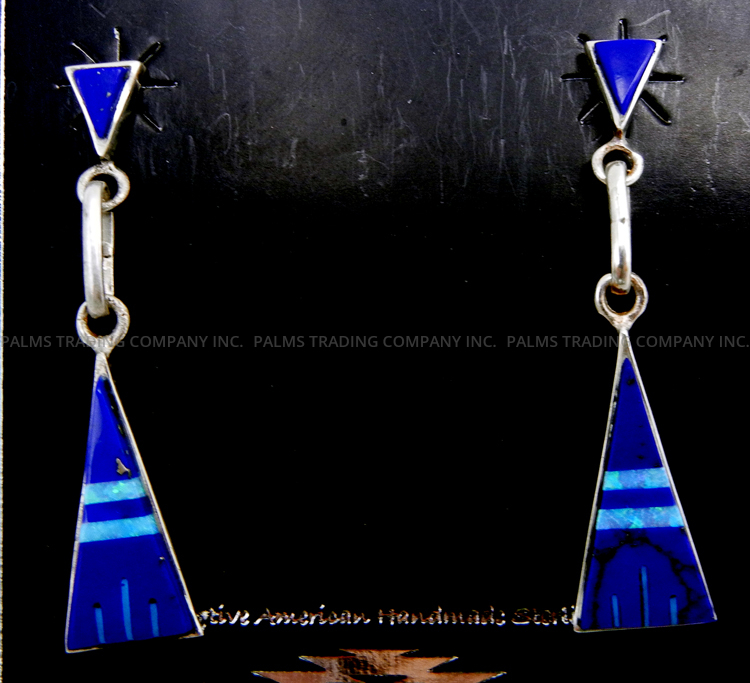 Navajo lapis, white lab opal and sterling silver inlay triangular post dangle earrings