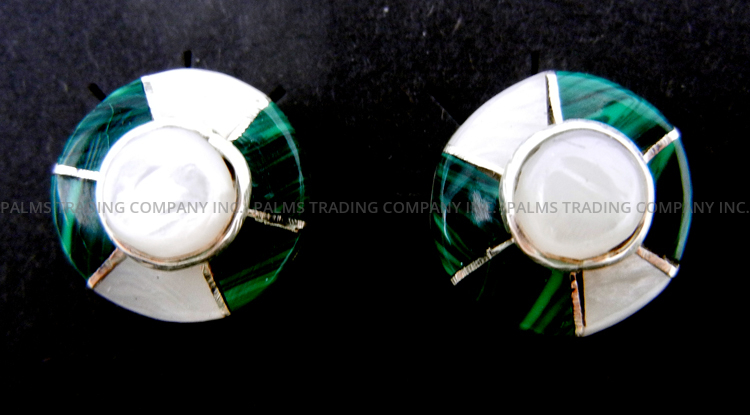 Navajo white mother of pearl, malachite and sterling silver inlay round post earrings by Valerie Benally