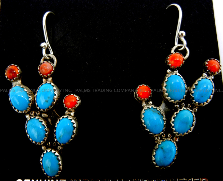 Navajo turquoise, spiny oyster shell and sterling silver prickly pear cactus earrings by Ted Secatero