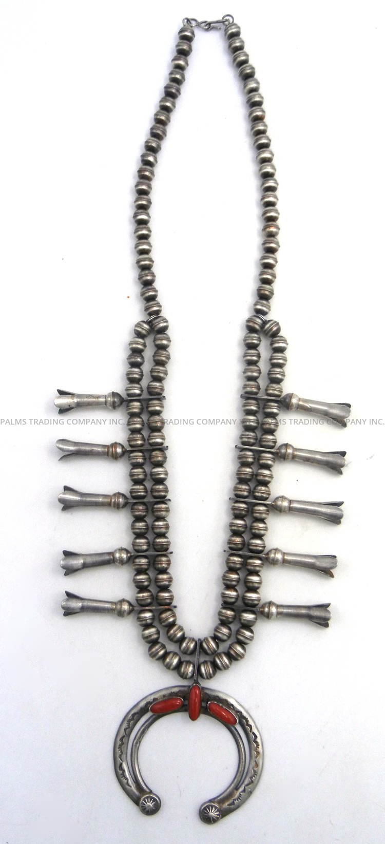 Navajo brushed sterling silver and coral squash blossom necklace