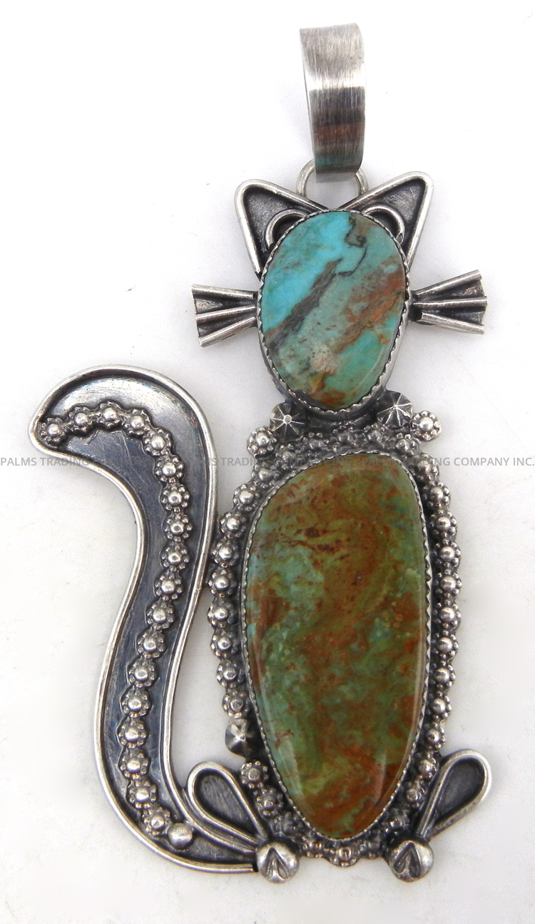 Navajo turquoise and sterling silver cat pendant by Mary Tso