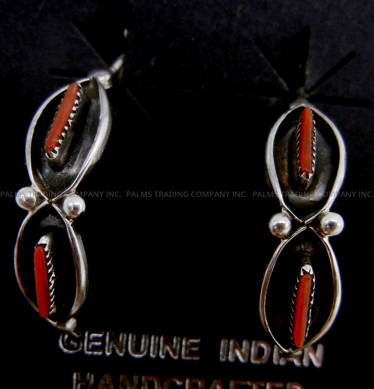 Zuni coral needlepoint and sterling silver small half hoop earrings