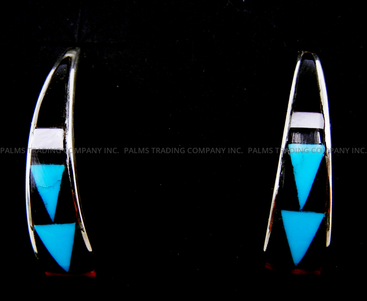 Zuni multi-stone inlay and sterling silver triangular half hoop earrings by Tammie Qualo