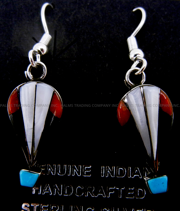 Zuni small multi-stone inlay and sterling silver balloon dangle earrings