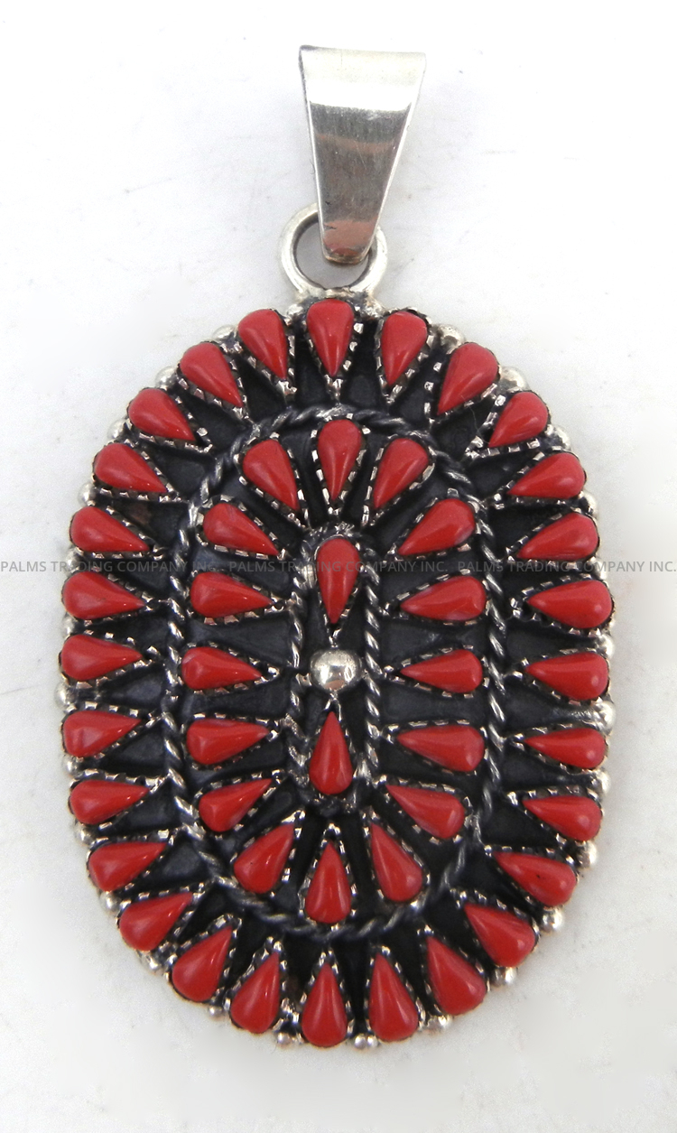 Zuni coral and sterling silver oval cluster pendant