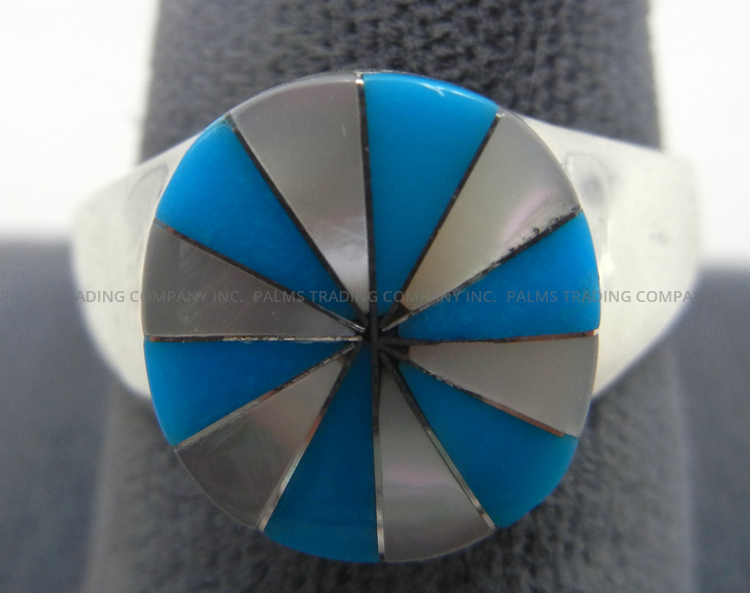 Zuni turquiose, white mother of pearl and sterling silver inlay ring