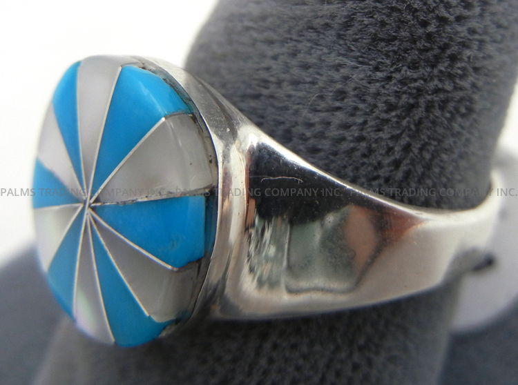 Zuni Turquoise, Mother of Pearl and Sterling Silver Inlay Ring - Image 3