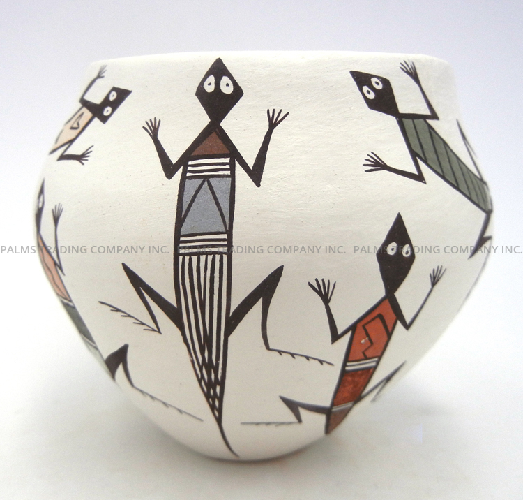 Acoma small handmade and hand painted polychrome lizard jar by Judy Lewis