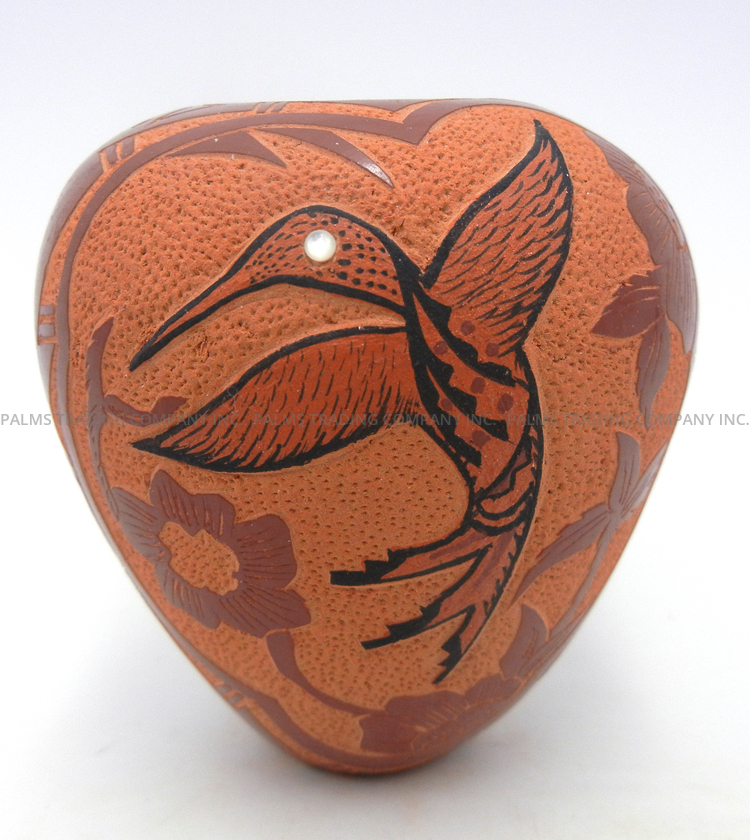 Jemez handmade, etched and polished hummingbird pattern small jar by Helen Tafoya