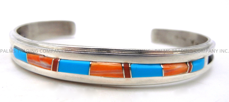 Navajo multi-stone and sterling silver inlay cuff bracelet by Wilbert Muskett