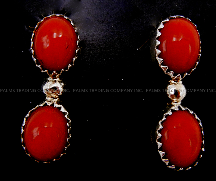 Navajo double coral and sterling silver post dangle earrings