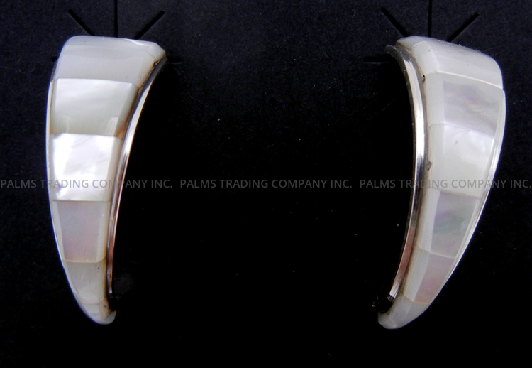 Navjao white mother of pearl and sterling silver inlay half hoop triangular earrings by Maggie Bedah