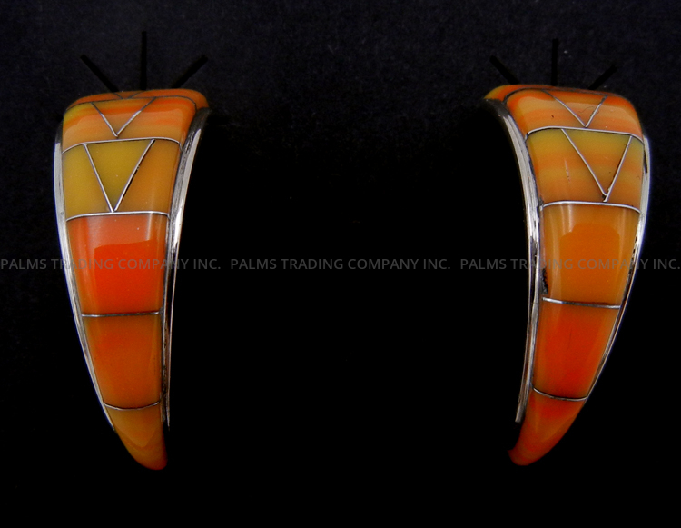 Navajo orange spiny oyster shell and sterling silver inlay triangular half hoop earrings by Maggie Bedah