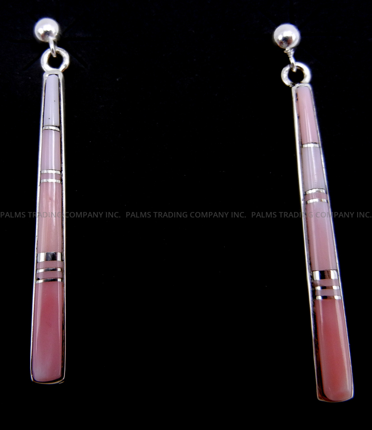Navajo pink conch and sterling silver channel inlay post dangle earrings by Rick Tolino
