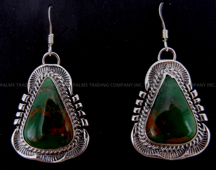 Navajo green turquoise and sterling silver dangle earrings by Will Denetdale