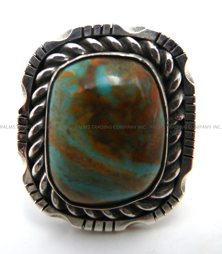 Navajo adjustable square green turquoise and sterling silver ring by Walter Vandever