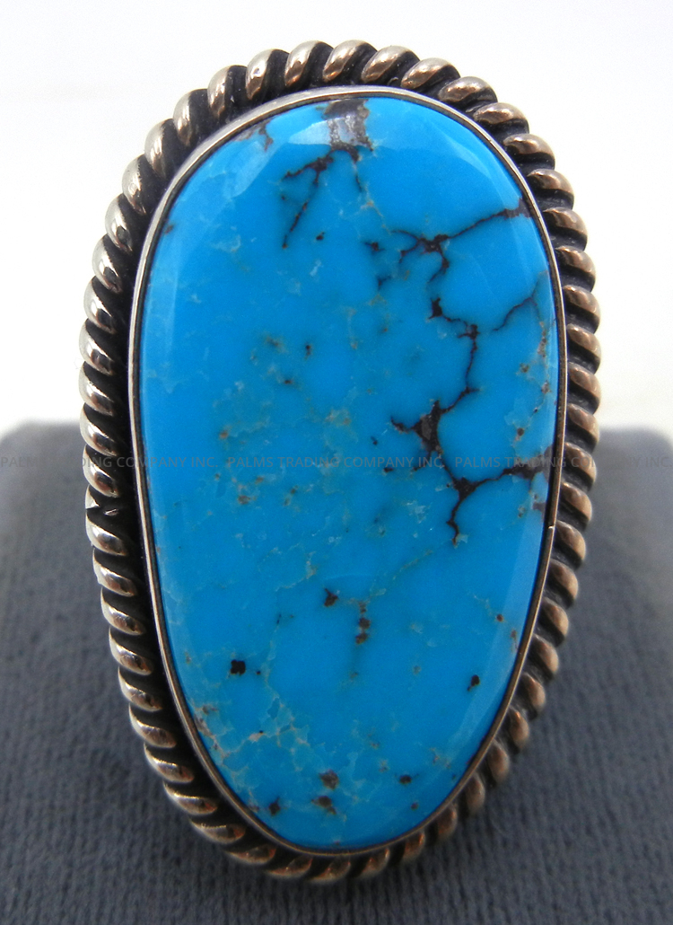 Navajo adjustable Bisbee turquoise and sterling silver ring by Leonard Platero, Jr. and Racquel Hurley