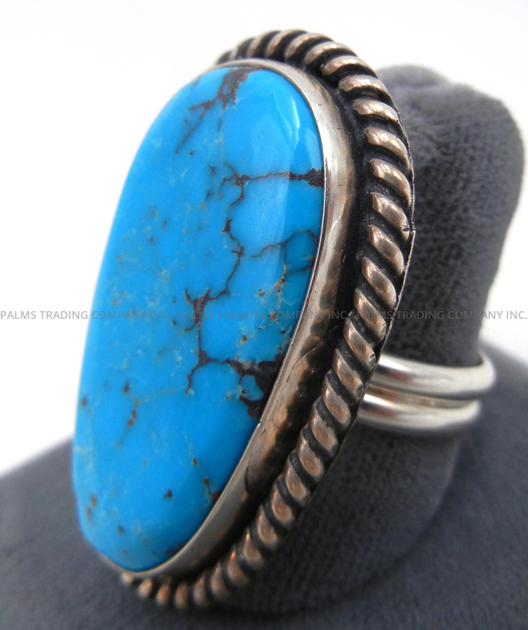 Navajo Leonard Platero, Jr. and Racquel Hurley Adjustable Bisbee Turquoise and Sterling Silver Ring - Image 3