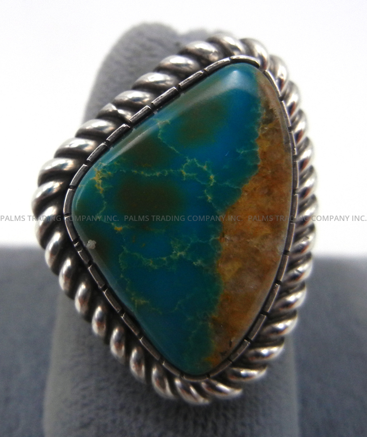 Navajo triangular blue-green turquoise and sterling silver ring by Walter Vandever