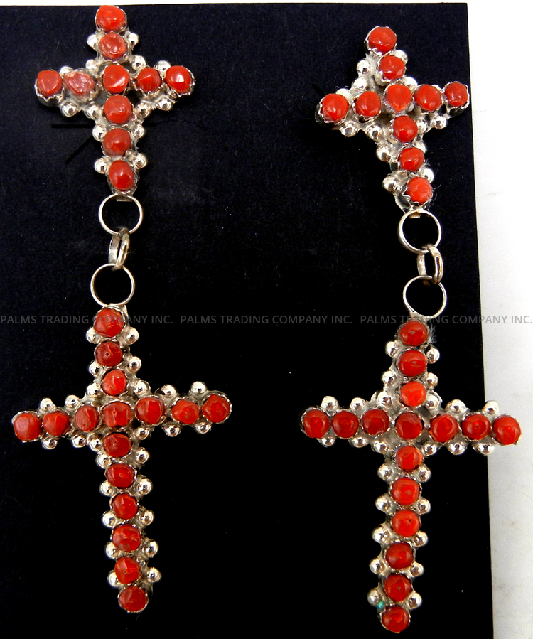 Zuni coral petit point and sterling silver double cross post dangle earrings