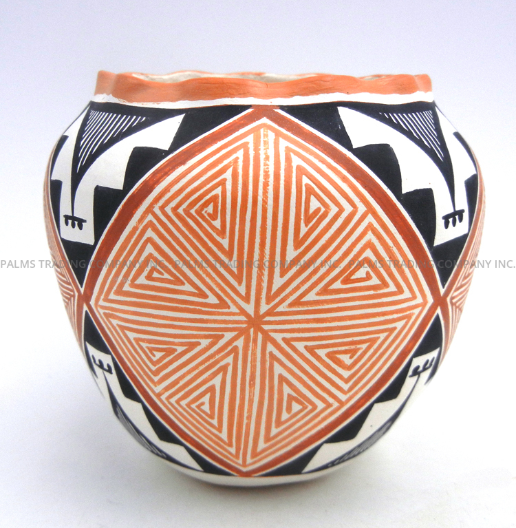 Acoma small handmade and hand painted polychrome multi-pattern jar with scalloped rim by Adrian Trujillo